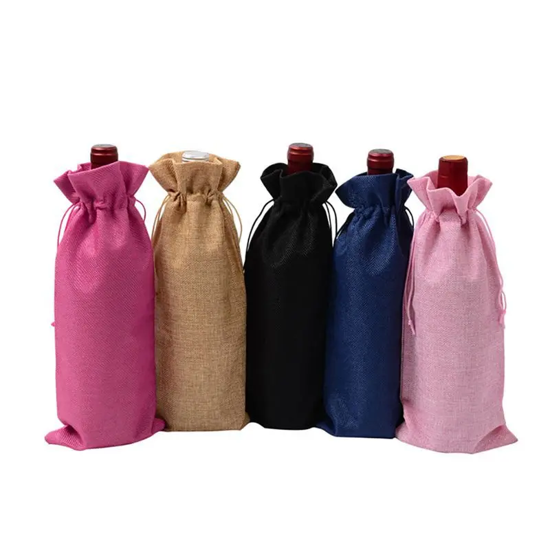 10 бр./лот, 15x35 см, разноцветни ленени чанти за бутилки шампанско и вина от шнурком, чанта за вино, украса на сватбени партита, чанти за вино
