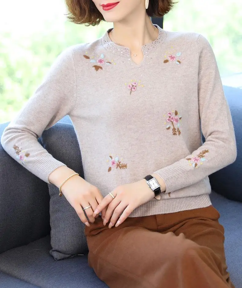 2022, нови дамски есенни блузи, пуловери с дълги ръкави, Женски вязаный пуловер с кръгло деколте и бродерия на цветя, ежедневни блузи Z36