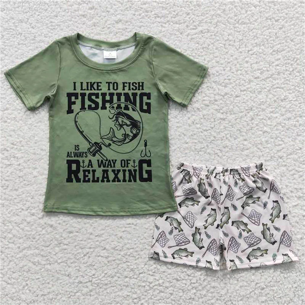 BSSO0257 на едро, бутик за детски дрехи, летни дрехи за момчета, зелени шорти за риболов с къс ръкав, всекидневни комплект