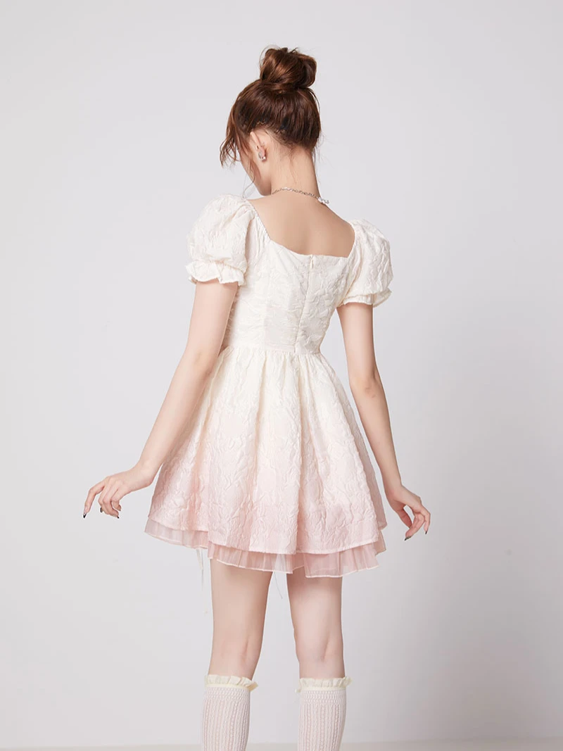 CHEERART Градиентное розова рокля-корсет с пищни ръкави, лятно бална рокля с квадратни деколтета и лък, мини-рокля, дамски дрехи Kawaii