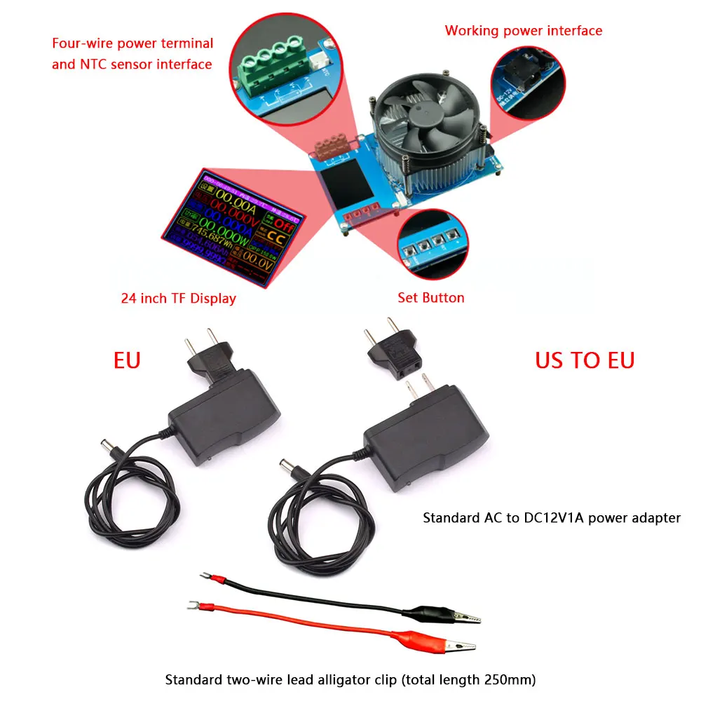 DTL150 Електронна натоварване с ЦПУ DC150W Регулируем LCD волтметър за постоянен ток, амперметър, тестер от капацитета на батерията с вилица от САЩ до ЕС