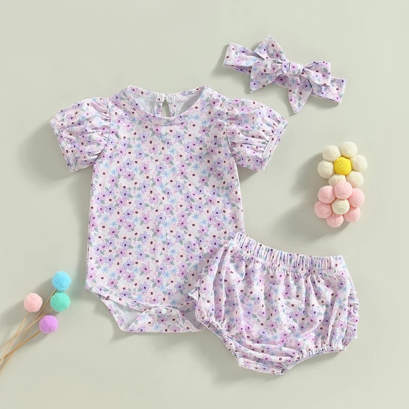FOCUSNORM 0-18 м, сладки комплекти дрехи за Малките момичета, 3 бр., гащеризон с къс ръкав и цветна принтом, ластични Панталони, Комплект превръзка на главата