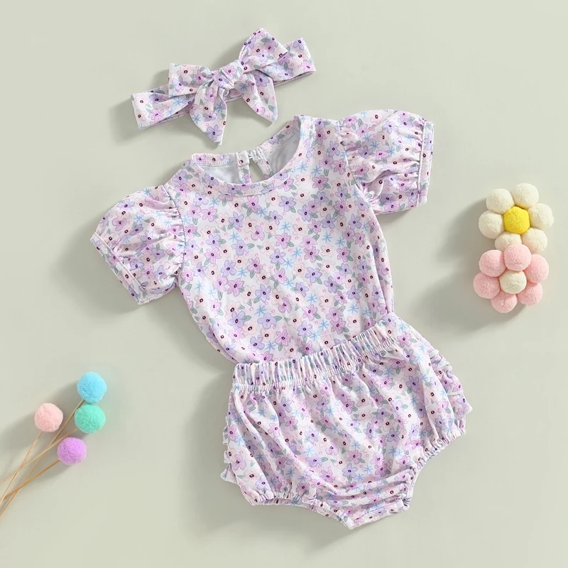 FOCUSNORM 0-18 м, сладки комплекти дрехи за Малките момичета, 3 бр., гащеризон с къс ръкав и цветна принтом, ластични Панталони, Комплект превръзка на главата