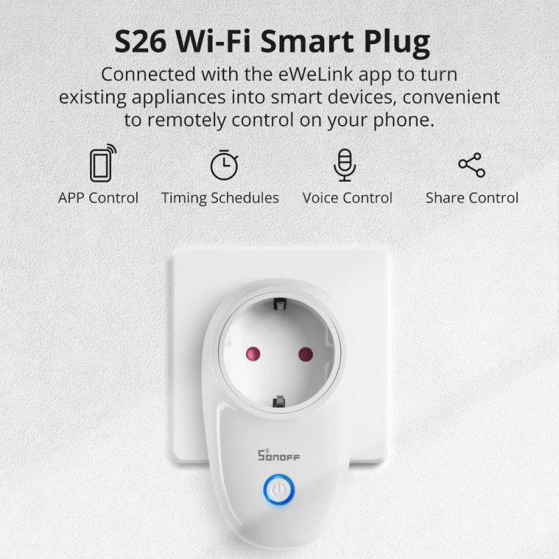 Itead SONOFF S26 WiFi Smart Plug DE FR EU Електрически контакт Безжична изход Таймер дистанционно управление Работи с Алекса Google Home