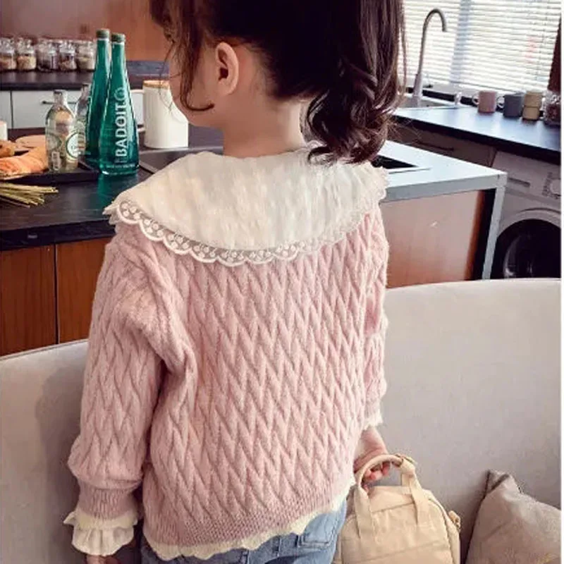 Pink white детски пуловер, жилетки, вязаный пуловер с кръгло деколте за момичета в европейски стил, пролетта и есента случайни детски топ с дълъг ръкав
