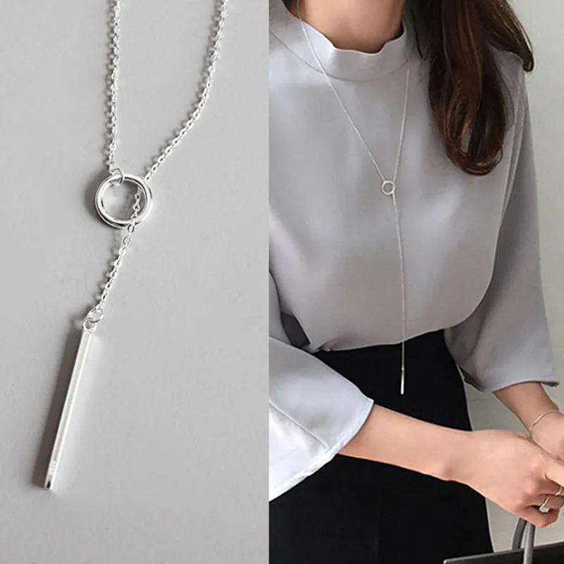 WLP, Дамски Нова мода сребърна висулка с дълъг пръстен-обръч, колие, Дамски корейската мода, Пуловер, верига, огърлица, яка 2023