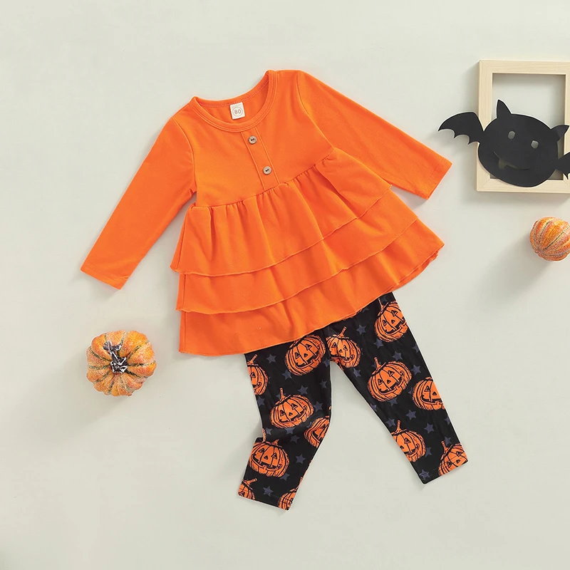 ma & baby от 1 до 5 години, Комплект дрехи за малките момичета за Хелоуин, блузи с дълги ръкави и рюшами, панталони с принтом тиква, екипировки D01