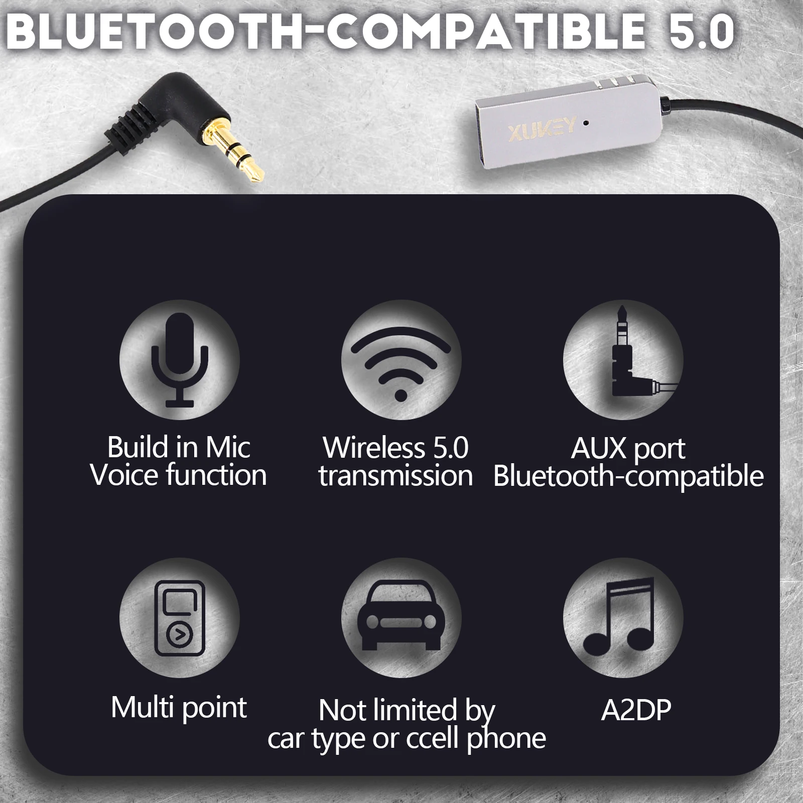 Автомобилен Bluetooth-съвместими конектор 5.0 Aux Безжичен аудио музикален адаптер за микрофон, приемник, FM-авто Стерео конвертор, комплект високоговорители, плейър