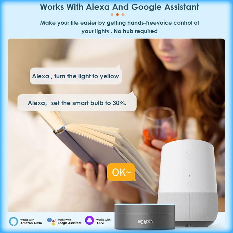 Безжична интелигентна лампа AUBESS E27 B22 Sasha, умна крушка 220v, RGB, бяла, топло, Чрез Гласово управление Yandex Алиса, Alexa, Google Assistant