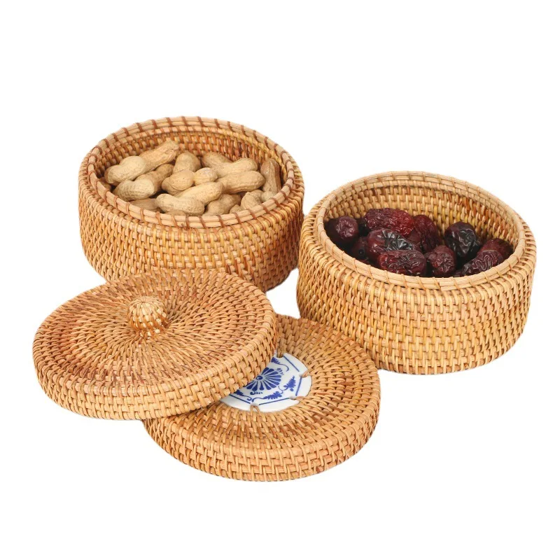 Виетнам Есенна кръгла кутия за съхранение, тъкани от ратан, Кошница за съхранение на чай, димсам, закуски, Кошница за съхранение на шах, плетени от слама лента, порцелан