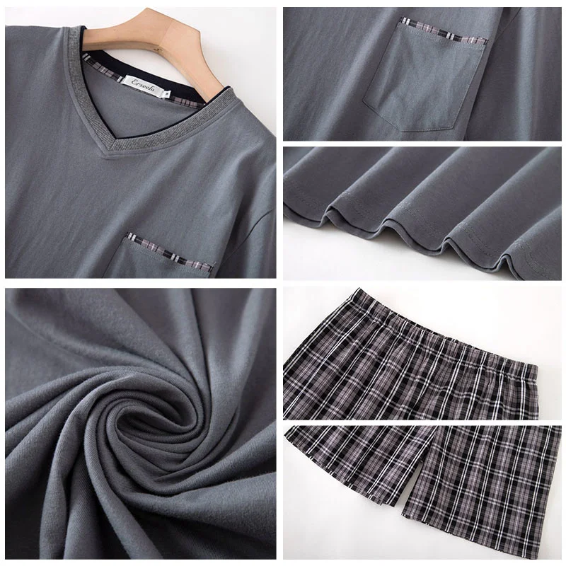 Годишният пижамный комплект за мъже, памучен пижама в клетка с принтом, Риза с ръкави и Шорти, пижами, дрехи за почивка, спално бельо