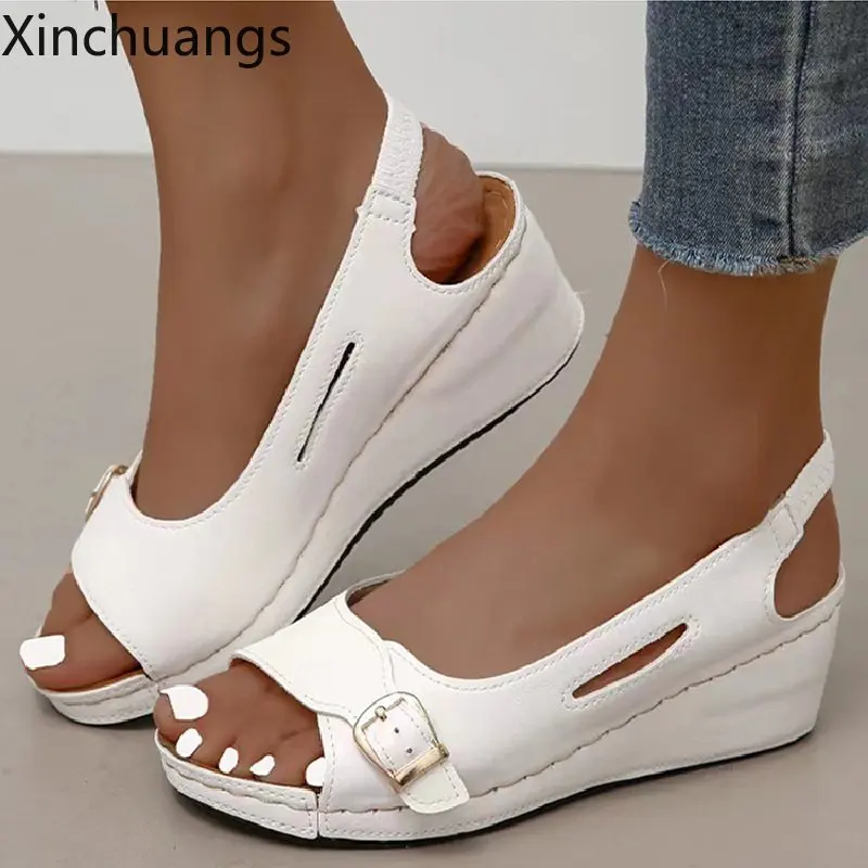 Дамски летни сандали на ток с отворени пръсти, елегантни обувки на танкетке, дамски обувки в римски стил