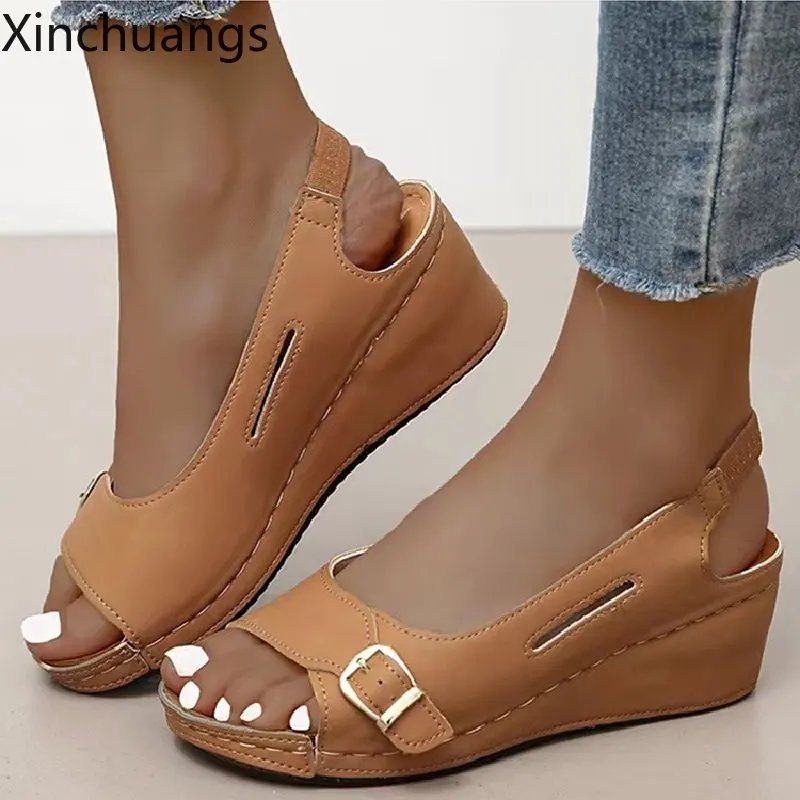 Дамски летни сандали на ток с отворени пръсти, елегантни обувки на танкетке, дамски обувки в римски стил