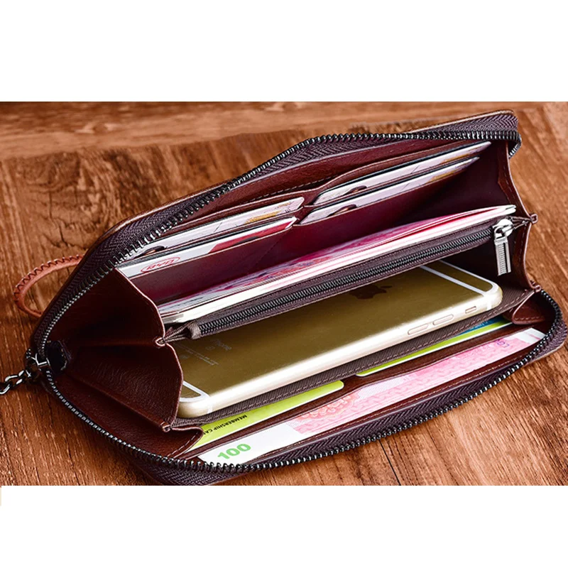 Дамски ръчни чанти-клатчи от телешка кожа, чантата с релефни, ретро-документ за самоличност / Кредитни карти, удобна чанта с множество джобове, женски дълъг портфейл от естествена кожа