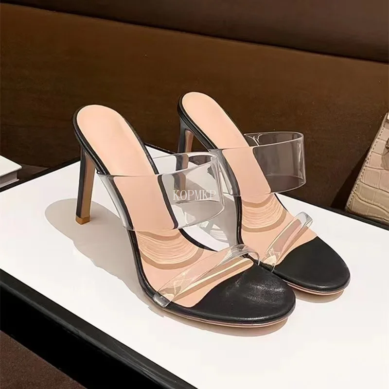 Дамски сандали от перспекса на висок ток, от прозрачно PVC с прозрачни кристали, лаконичная класически модни дамски обувки, без закопчалка, размер 35-42