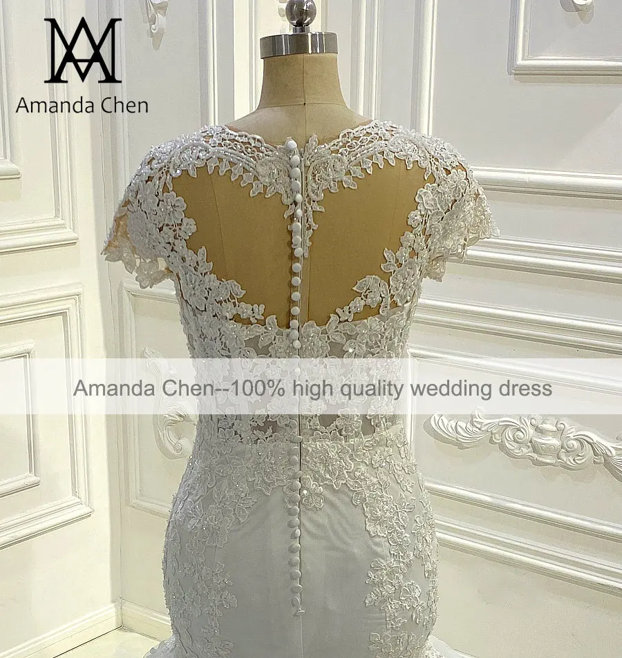 Дантелени апликации с къс ръкав, прозрачни сватбена рокля Русалка