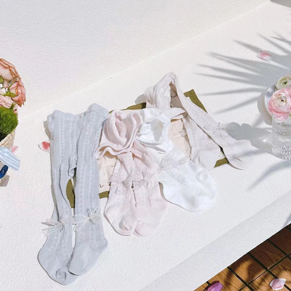 Детски летни памучни цветни чорапогащи за малки момичета, бели потници мрежести чорапогащници с бантиком, Чорапи за новородено, детски чорапи кавайные