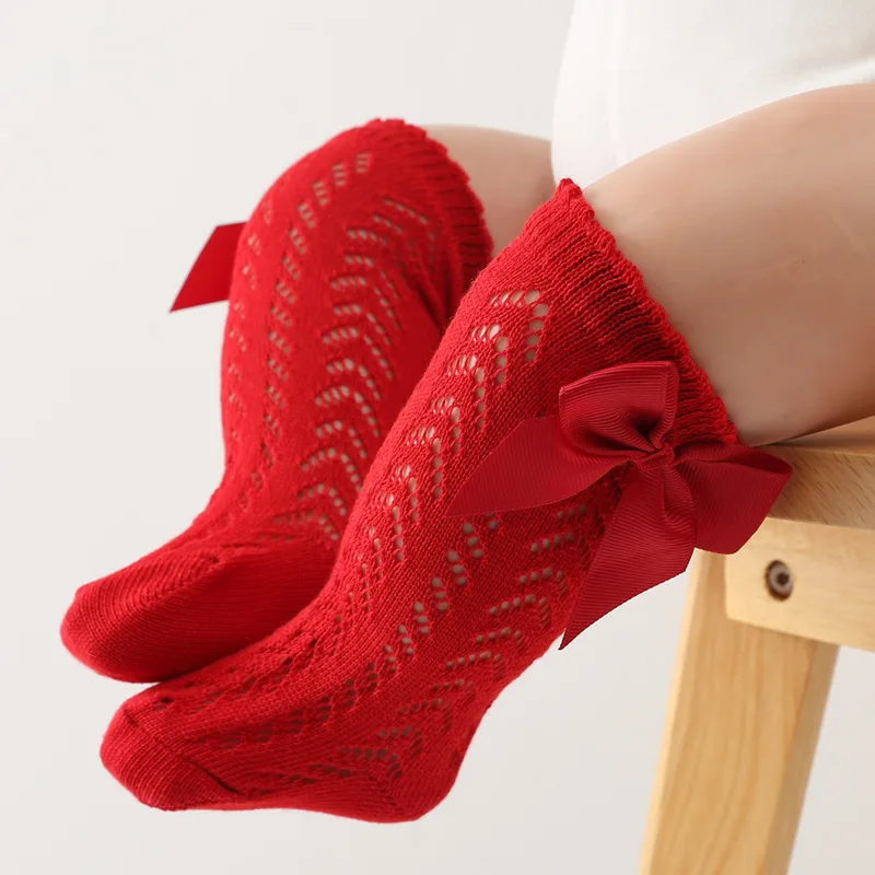 Детски чорапи като рибарска мрежа с лък за момичета в кралския стил до коляното.Детски Чорапи с бантиком в една тръба за деца.Детски кухи чорап Сокс от 0 до 4 години