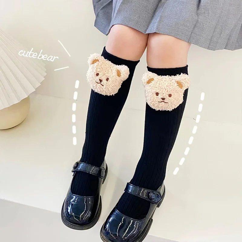 Детски чорапи, нови детски чорапи до коляното за малки момчета, меки памучни чорапи, с хубави мече за малки момичета, чорапи от 2 до 8 години, зимни дрехи