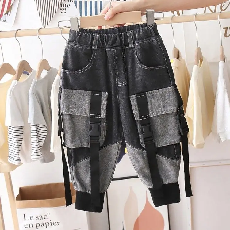 Ежедневни дънкови панталони за момчета 2021 г., есенни модни дънкови панталони с еластичен ластик на талията, детски свободни панталони-карго, долната част на облеклото J65