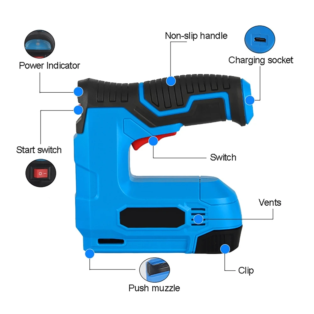 Електрически телбод, безжичен пистолет за нокти с една литиева батерия от 1500 mah, USB-акумулаторна пистолет за подвързване на мебели, дървена дограма, инструмент 