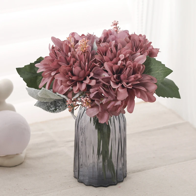 Есенен Букет от изкуствени цветя, коприна, луксозна украса за сватбената парти, ретро, високо качество, дом Градина, плавателни съдове, фалшив лилаво цвете