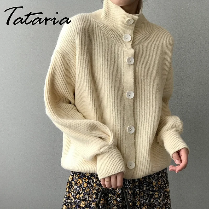 Есенно-зимния вязаный жилетка за жени 2023, кафяв пуловер на една пуговице, модерни трикотажни палто с високо воротом, дамски Блузи