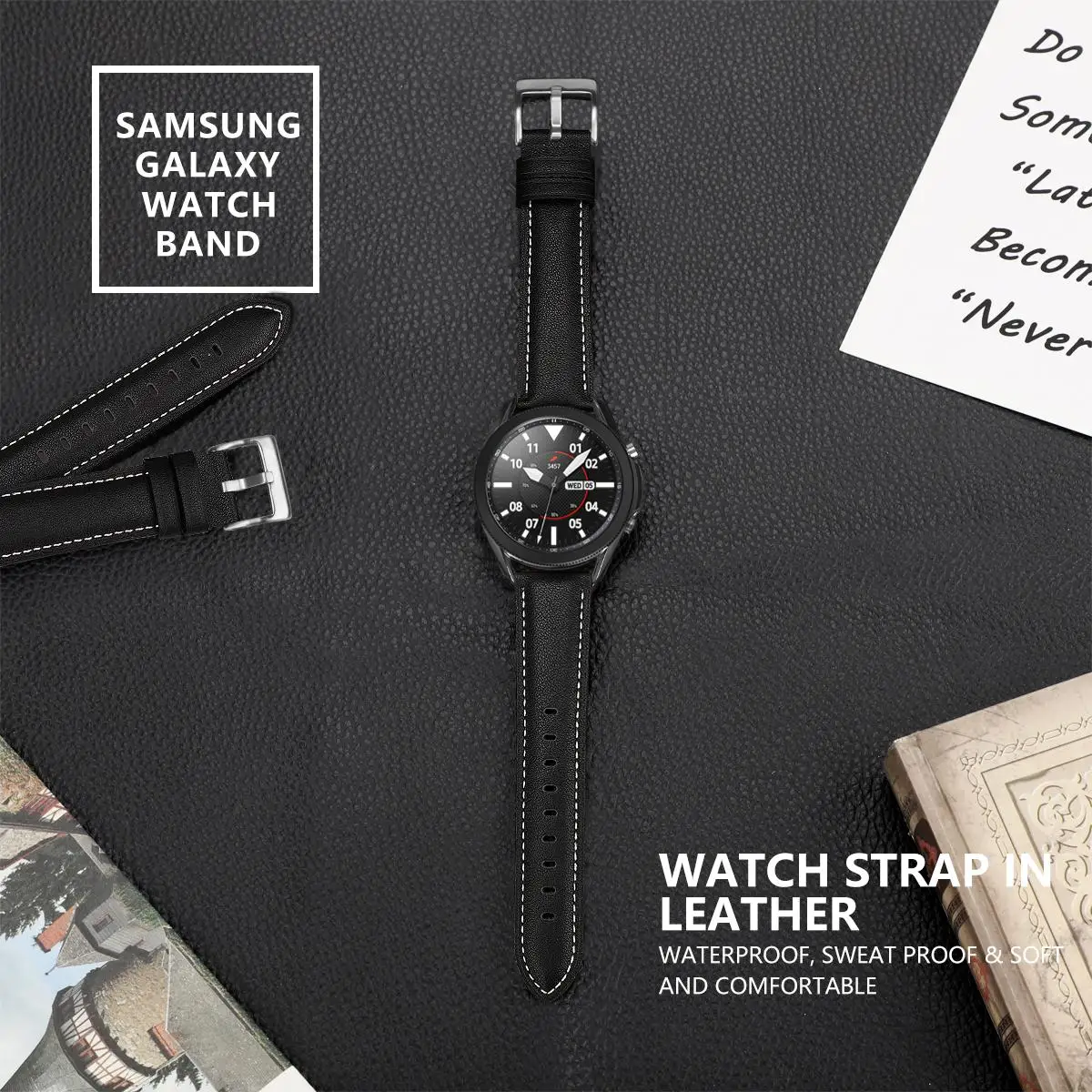 Каишка от естествена кожа за смарт часа Galaxy Watch 3 45 мм кафяв/черен