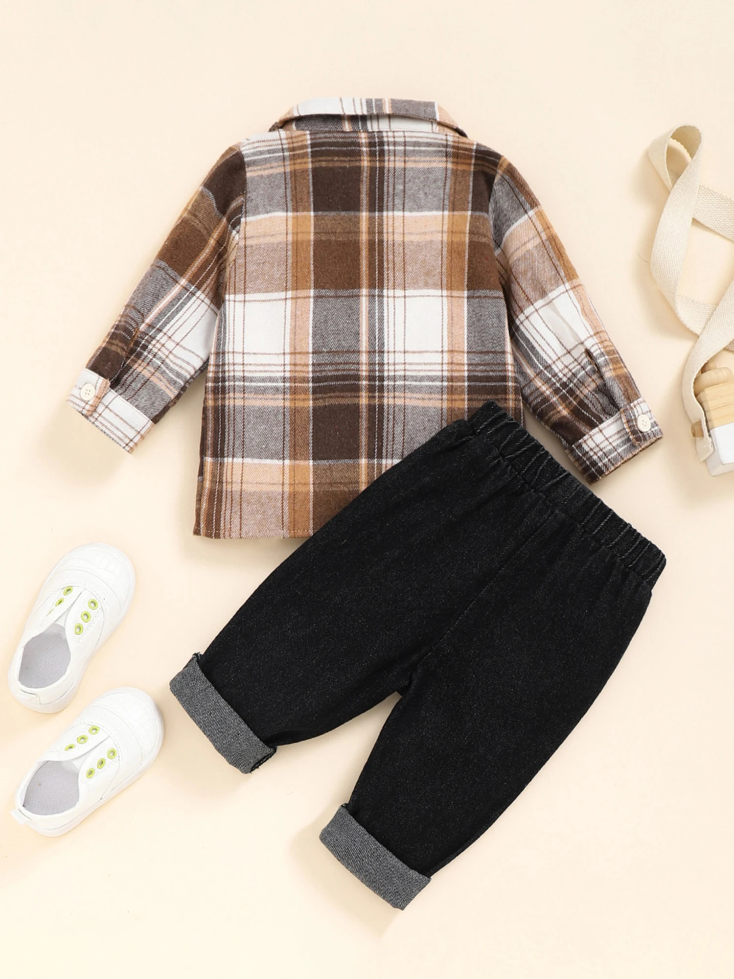 Комплект Дрехи за най-малките момчета в клетката, риза с дълъг ръкав и копчета, с ревери, топ, скъсани дънкови панталони, ежедневни облекла от 2 теми