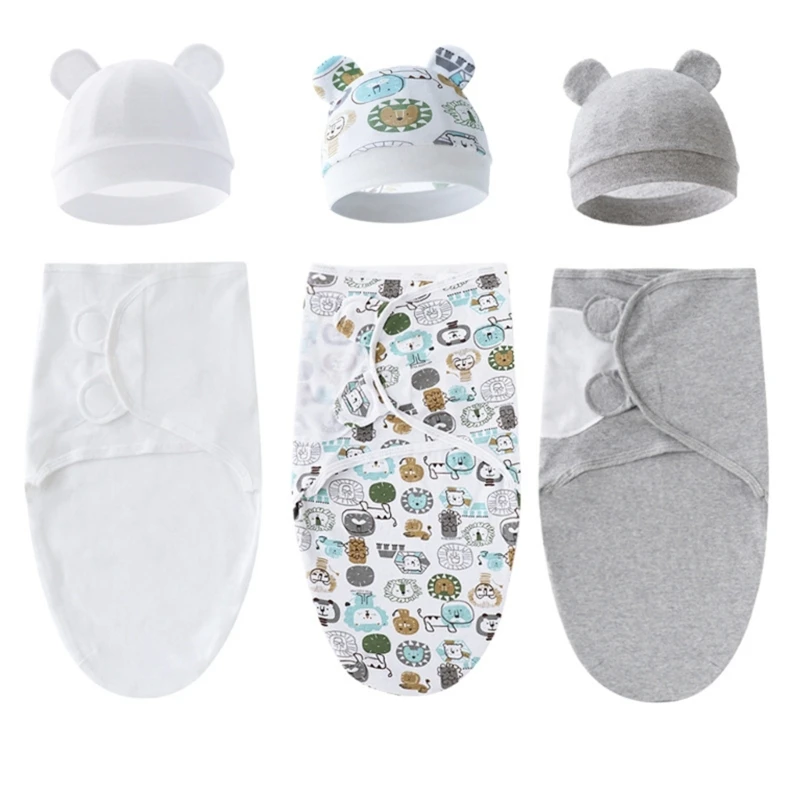 Комплект от 3 теми, памучно детско пеленальное одеяло, комплект за свободни с шапка за 0-6 м, 066B