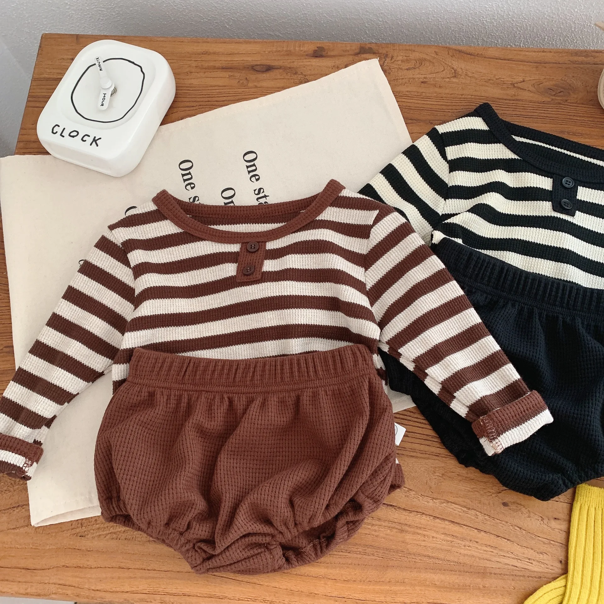 Корейски Стил, Облекло за бебета 0-24 м, костюм за малките момчета и Момичета, Риза райе с дълъг ръкав + шорти от Полипропилен, Пролетно-есенен комплект на детски Дрехи