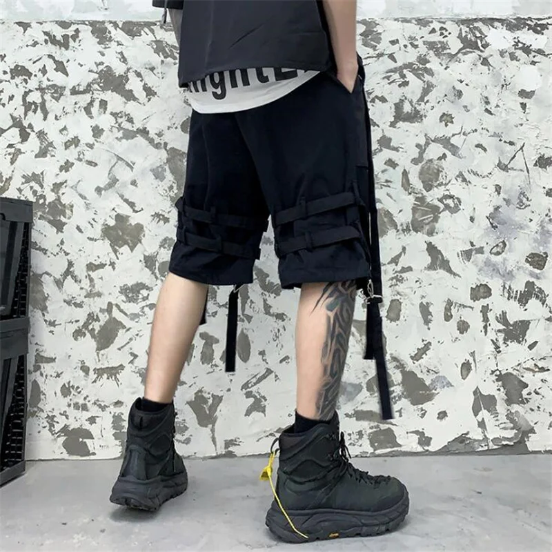 Къси панталони-карго в стил хип-хоп с панделки, лятна мъжки технологичная ежедневни облекла, къси панталони Harajuku, градинска облекло в готически стил, кратък Homme
