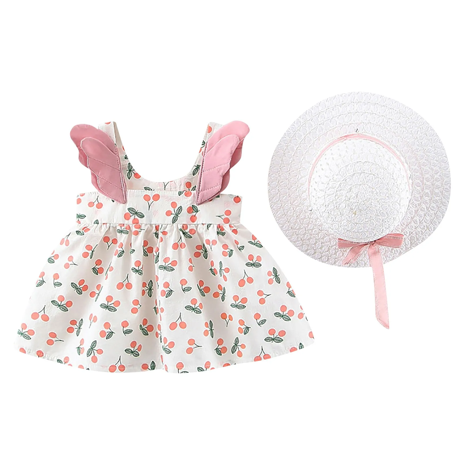 Летен комплект дрехи за малките момичета, детски плажни рокли, памучно принцеса рокля без ръкави с хубаво принтом, памучно принцеса рокля за новородено + шапка от слънцето