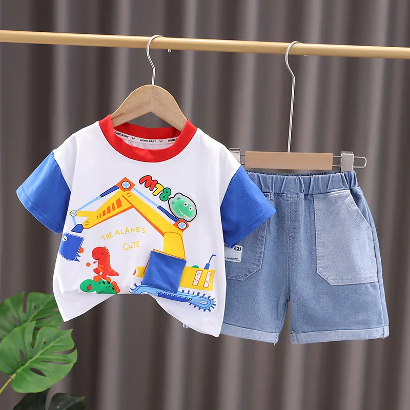 Летни дрехи за малки момчета, комплекти за деца, корейски детски тениски с къс ръкав и анимационни принтом, потници и къси панталони, детски дрехи за момчета