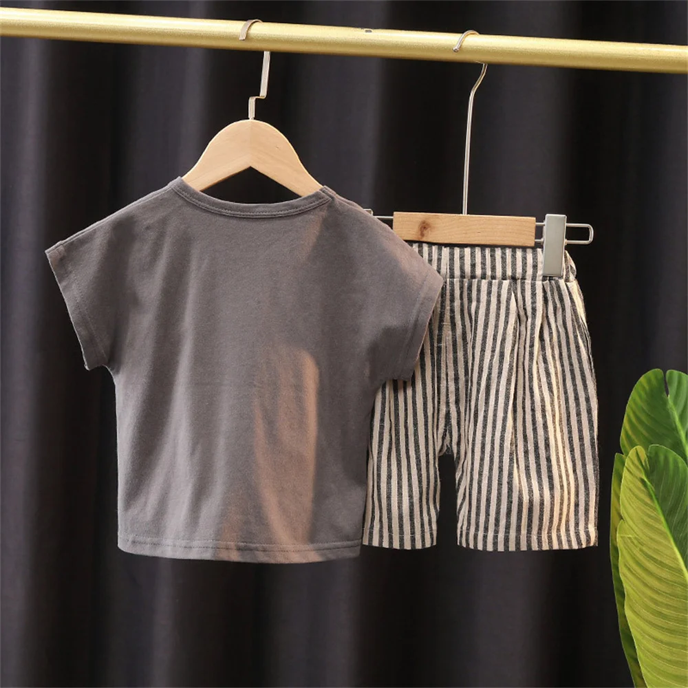 Летни тениски и къси панталони с къси ръкави 2022, комплекти от 2 теми ивица, модни и ежедневни свободна детски дрехи за малките момичета