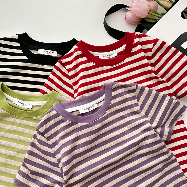 Лятна ежедневни риза райе с къс ръкав за малки момиченца, 4 цвята, сладки памучни тениски
