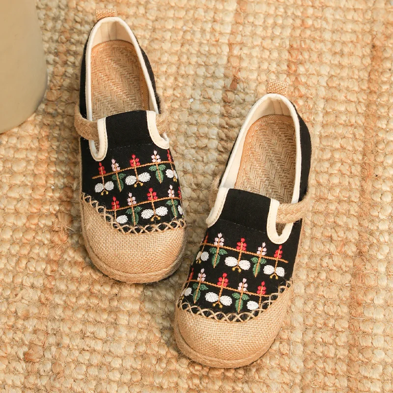 Лятна нова памучен бельо обувки с кръгло бомбе в бохемския етнически стил, дамски обувки на плоска подметка с бродерия, дамски ежедневни обувки на равна подметка за мързеливи разходки