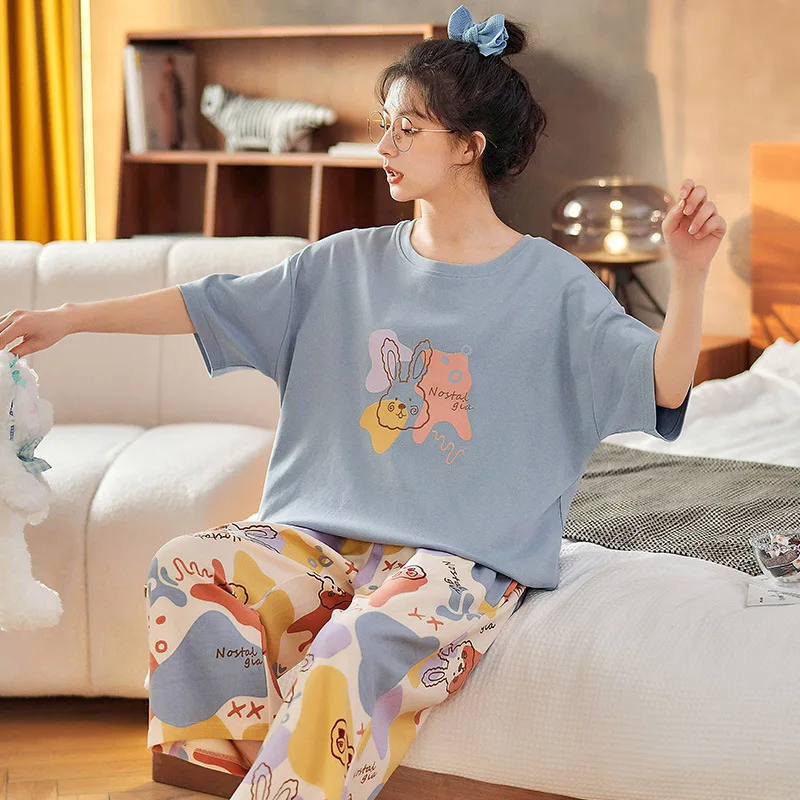 Лятна памучен дамски пижами с ревера на Ежедневни Негабаритная Домашни дрехи с Къс ръкав Дамски Мультяшная дамски пижами Kawaii