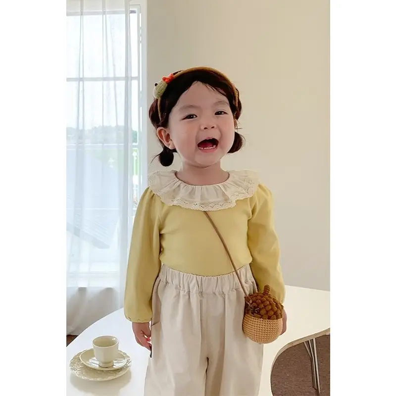Лято 2023, скъпа детска тениска в стил принцеса в корейски стил с дълъг ръкав, завързана памук, мек модерен нов дизайн за момичета