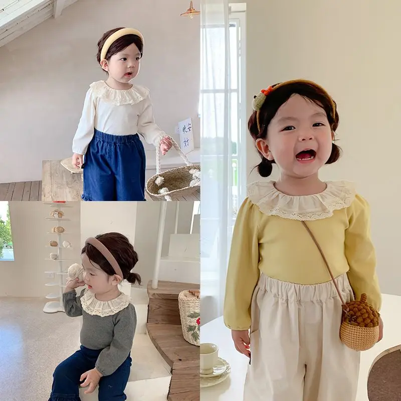 Лято 2023, скъпа детска тениска в стил принцеса в корейски стил с дълъг ръкав, завързана памук, мек модерен нов дизайн за момичета