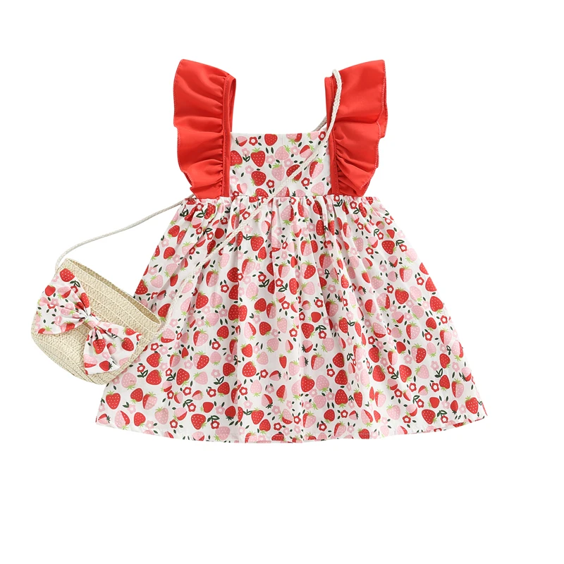Лятото памучни рокля без ръкави, с приятен ягодов принтом и накъдрен, сладка рокля трапецовидна форма с чанта