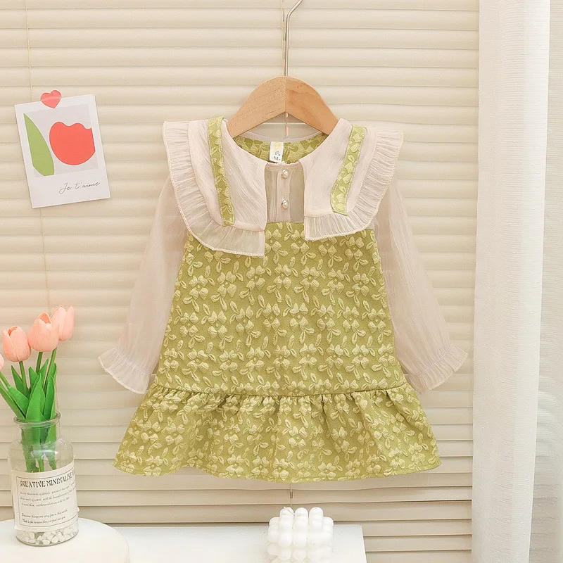 Малка Стилна рокля за момичета в свеж дизайн, Новост 2023, Пролетно-есенни детски Рокли с цветен Модел на 2 Копчета, Детско Газово Ежедневна Рокля с дълги ръкави