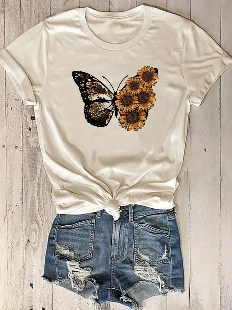 Модерен дамски лятна тениска с къс ръкав и принтом Пеперуди, тренд 90-те години, сладък графики тениски, тениска, пролетно облекло с принтом