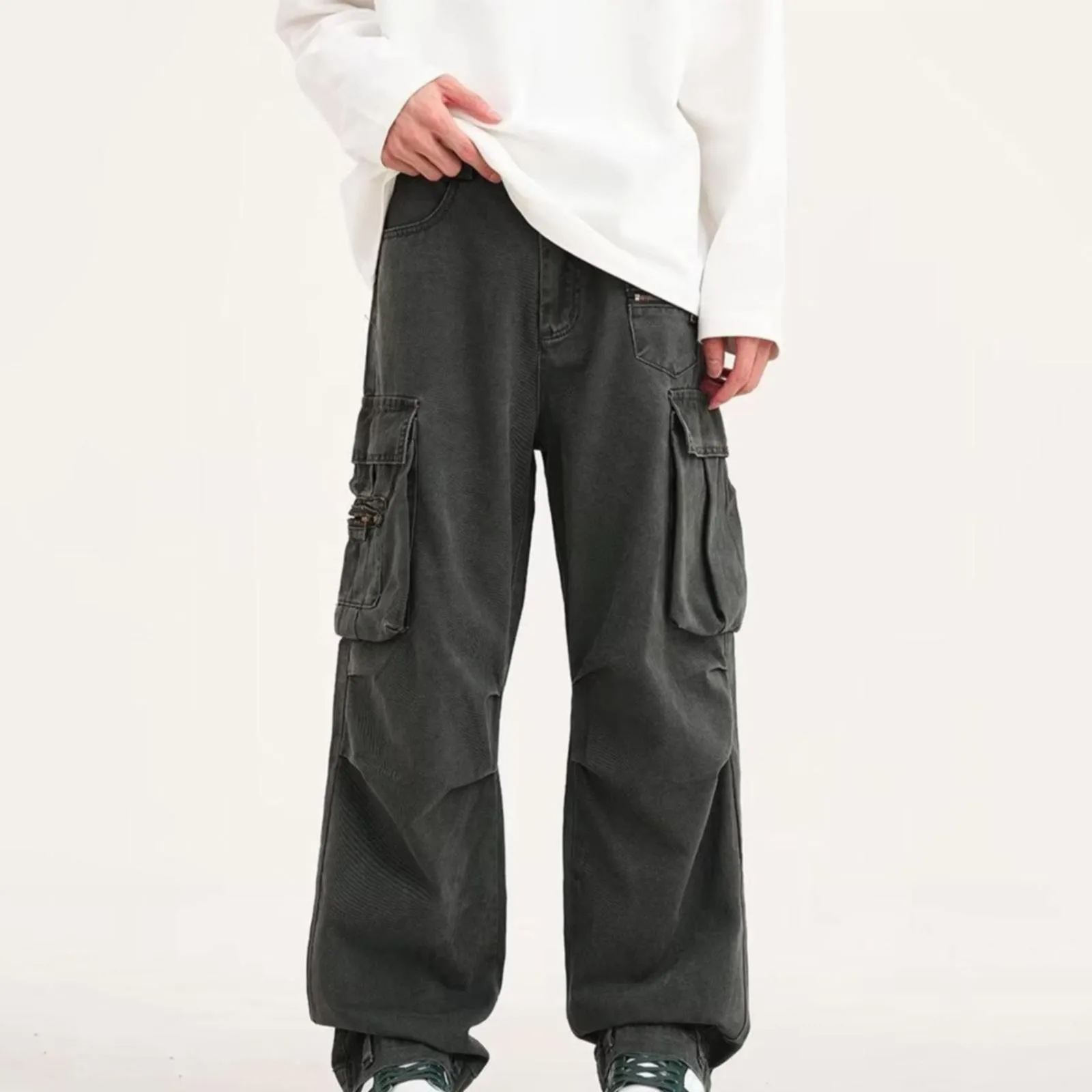 Мъжки панталони-карго с ниска талия и джобове, нови улични свободни мъжки панталони-с карго джобове, панталони-карго свободно намаляване за мъже, работно момче с пайети