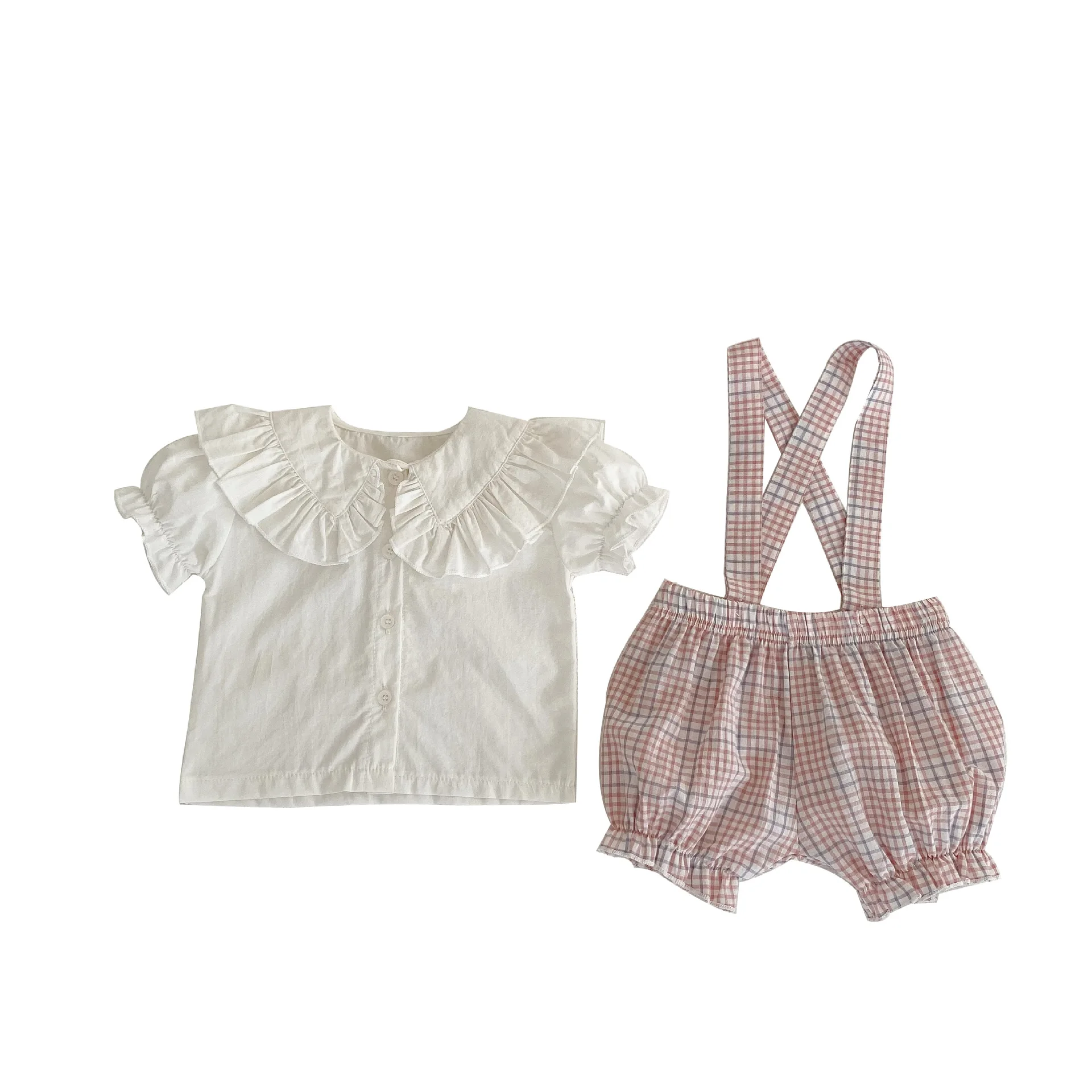 Новост 2023 г., летни тениски с къс ръкав и цветни набори за малки момичета, спускане с клетчатым каишка, дрехи за бебета