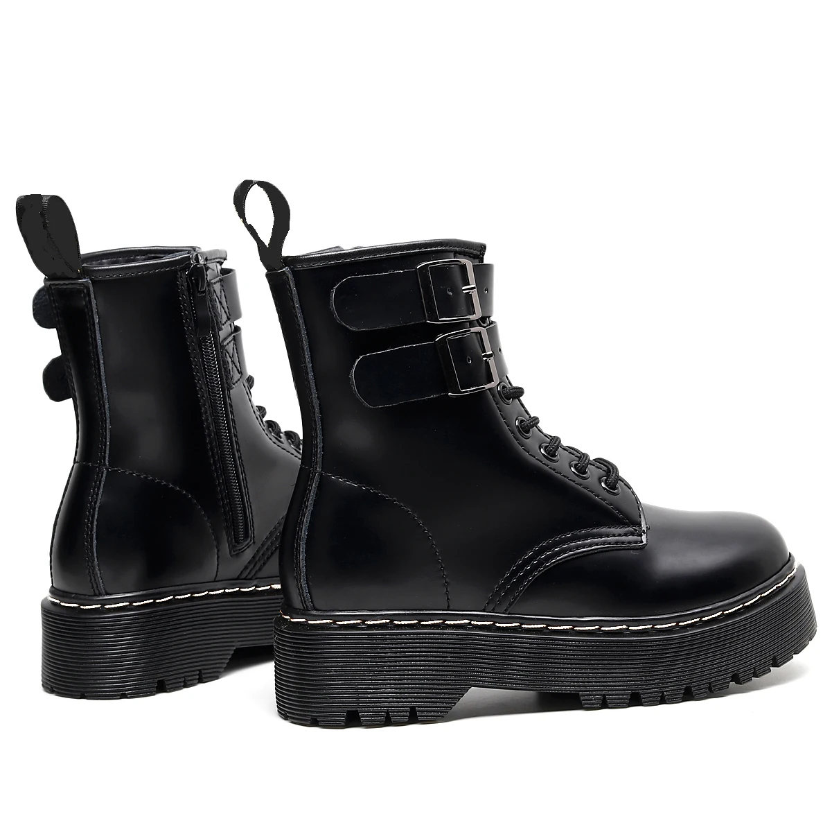 Оригинални дамски двубортные обувки от естествена кожа черен цвят на платформа, дамски ботуши на среден ток, мотоциклетни зимни обувки на дебелите ток