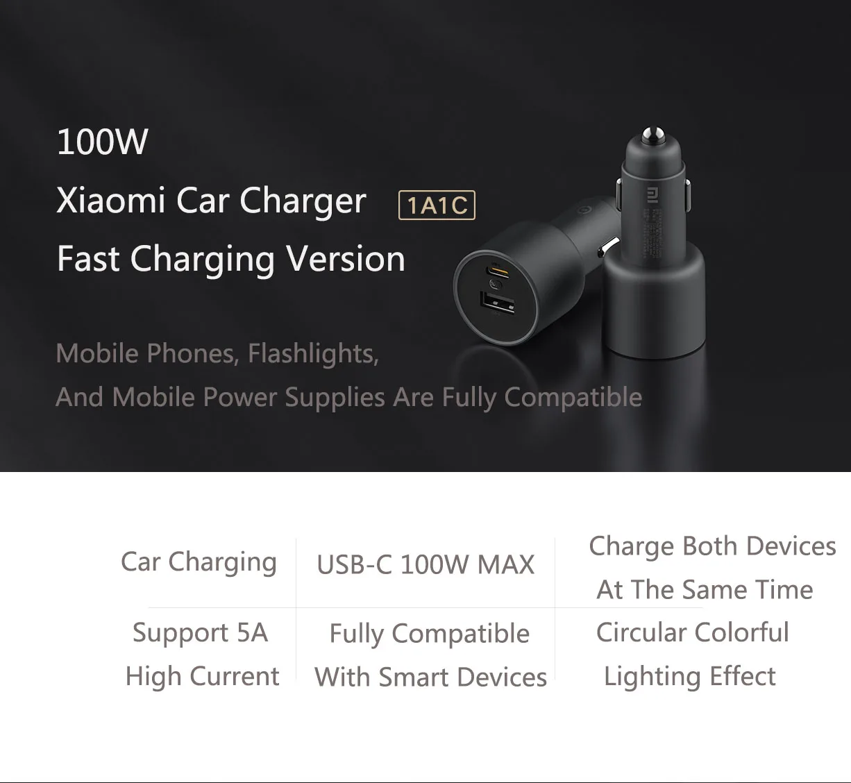 Оригинално зарядно за кола Xiaomi 100 W, двойна USB-бързо зареждане, безжично зарядно за кола Mi 100 W, USB-A, USB-C, двоен изход, led мощност