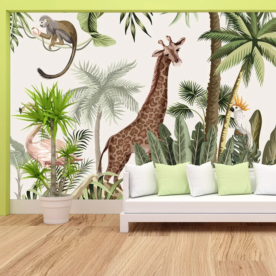 Почистете и залепете стенописи Тропически Тапети за телевизор за хола, детската спални, Cartoony Жираф, Тапети за детска стая, домашен декор