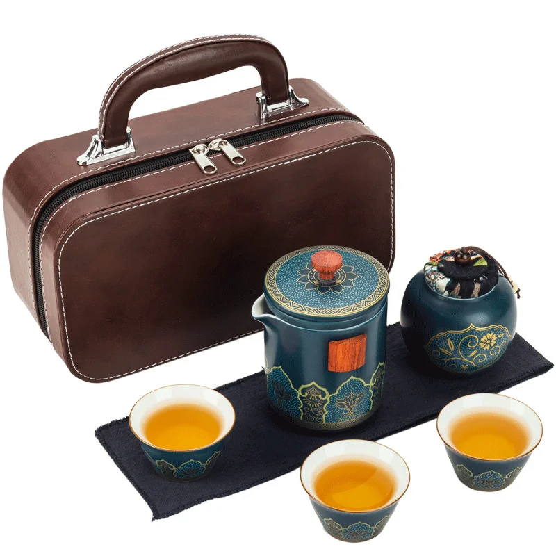 Пътен керамични чай комплект за кунг-фу, креативна чаша с чай на една плоча, три чаши чай, една проста подарък кутия в бизнес стил