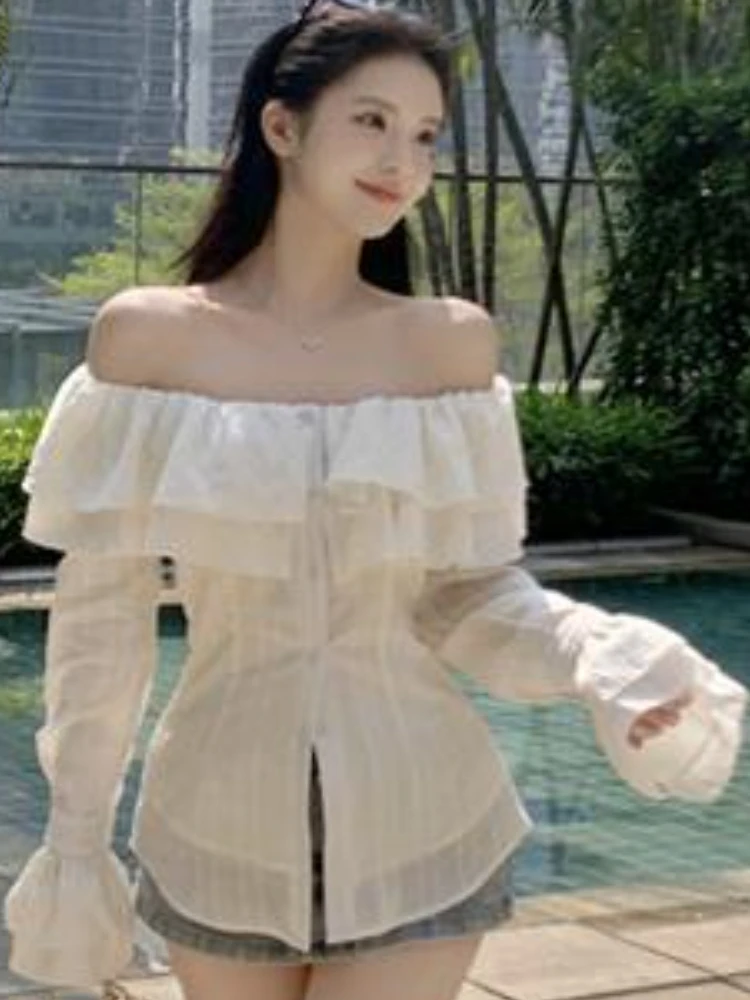 Риза с деколте лодка, дамски елегантни набори, тънък модерен лесна градинска дрехи, пролетта на корейски стил, ръкав-фенерче, универсална дамски новост